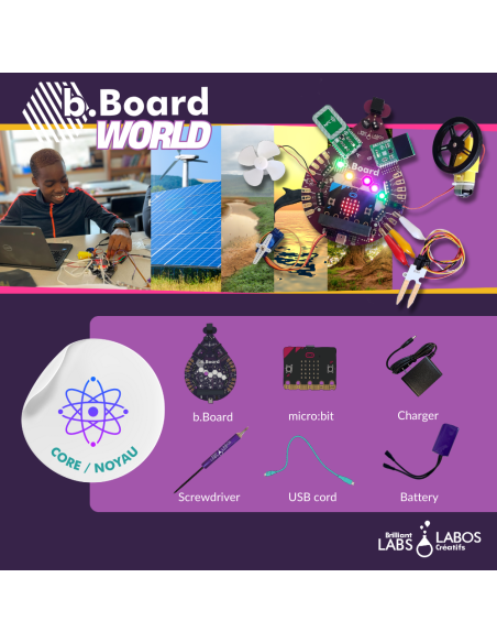 b.Board Core Kit — includes b.Board, micro:bit, charger, battery, USB cord, and screwdriver for STEAM learning.