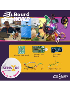 Sensors Add-On Kit with Weather Click Board, Motion Click Board, ultrasonic sensor, neopixel strip, and alligator clips.