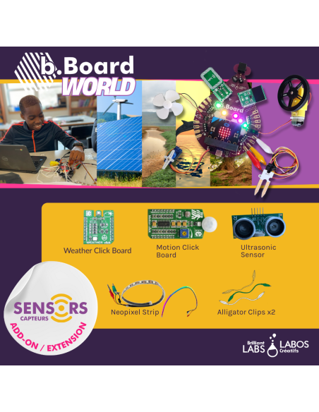 Sensors Add-On Kit with Weather Click Board, Motion Click Board, ultrasonic sensor, neopixel strip, and alligator clips.